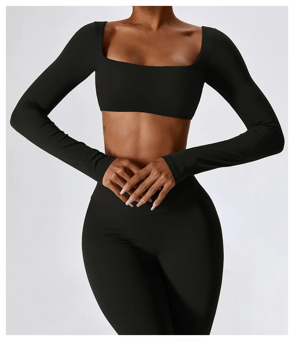 Yoga Shirts Fitness Long Sleeve Women Sport Crop Top Women Square Neck Gym Top Yoga T-Shirt Clothing Casual Quick Dry Sportswear