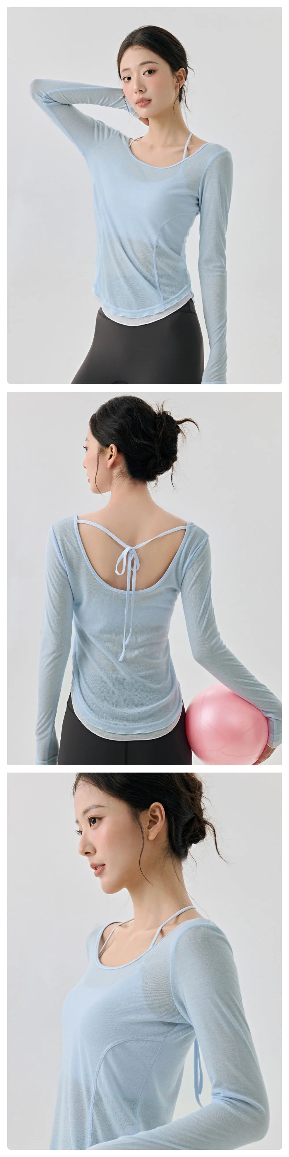 Women's Yoga Cover Up with Tie Back Design Long Sleeve Slim Fit Lightweight Shirt Sexy Back Revealing Gym Wear