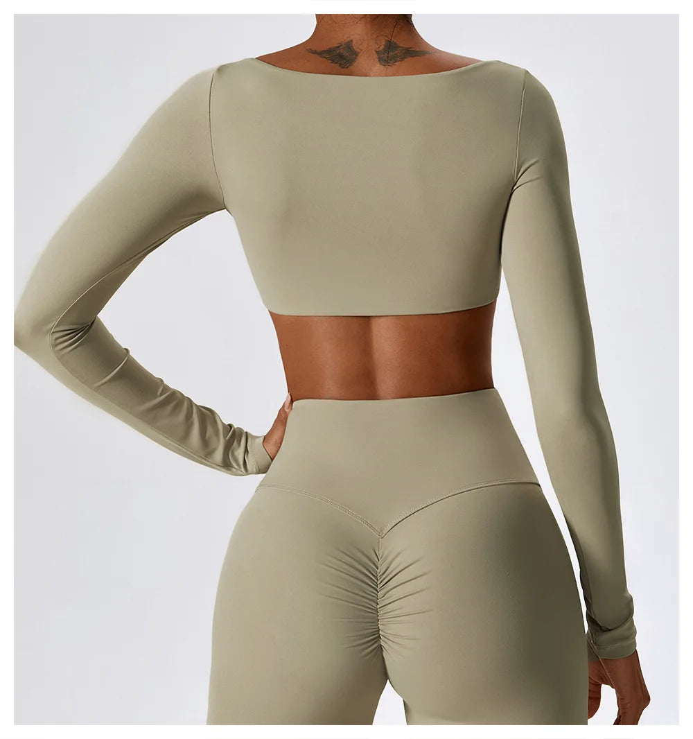 Yoga Shirts Fitness Long Sleeve Women Sport Crop Top Women Square Neck Gym Top Yoga T-Shirt Clothing Casual Quick Dry Sportswear