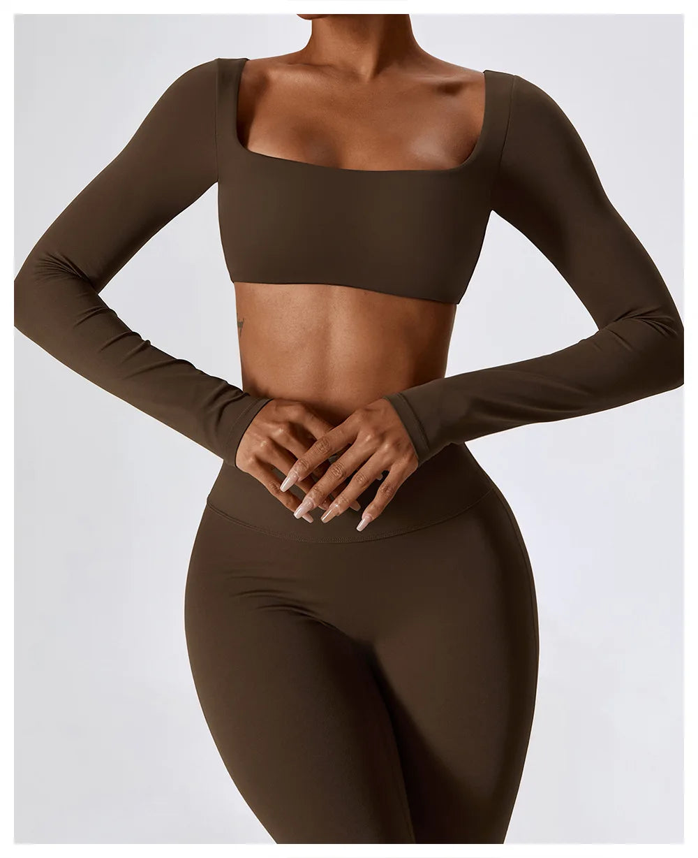 Yoga Shirts Fitness Long Sleeve Women Sport Crop Top Women Square Neck Gym Top Yoga T-Shirt Clothing Casual Quick Dry Sportswear