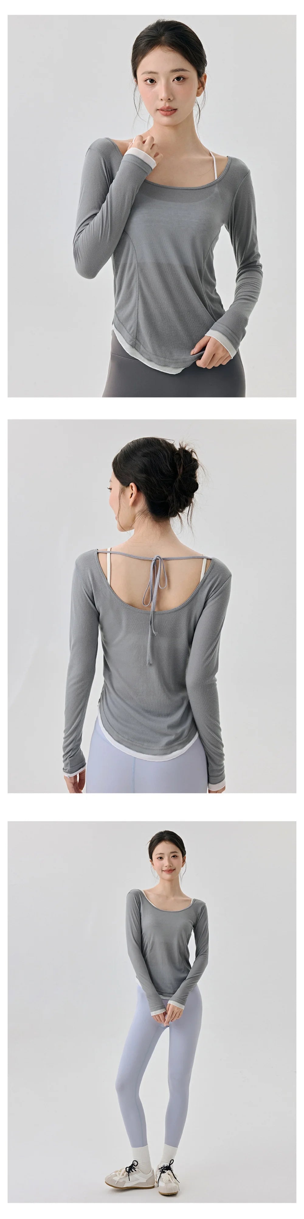 Women's Yoga Cover Up with Tie Back Design Long Sleeve Slim Fit Lightweight Shirt Sexy Back Revealing Gym Wear