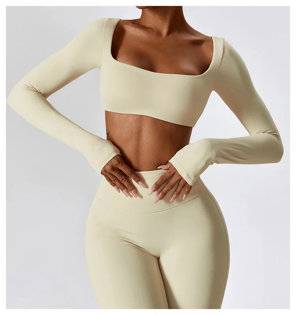 Yoga Shirts Fitness Long Sleeve Women Sport Crop Top Women Square Neck Gym Top Yoga T-Shirt Clothing Casual Quick Dry Sportswear