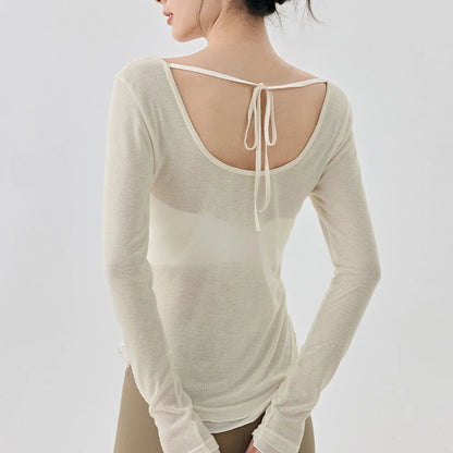 Women's Yoga Cover Up with Tie Back Design Long Sleeve Slim Fit Lightweight Shirt Sexy Back Revealing Gym Wear