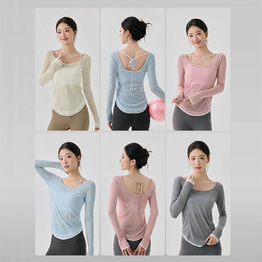 Women's Yoga Cover Up with Tie Back Design Long Sleeve Slim Fit Lightweight Shirt Sexy Back Revealing Gym Wear
