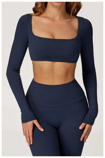Yoga Shirts Fitness Long Sleeve Women Sport Crop Top Women Square Neck Gym Top Yoga T-Shirt Clothing Casual Quick Dry Sportswear