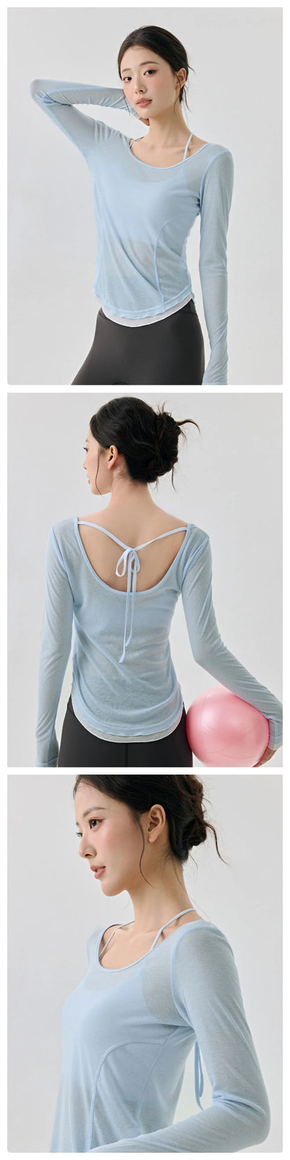Women's Yoga Cover Up with Tie Back Design Long Sleeve Slim Fit Lightweight Shirt Sexy Back Revealing Gym Wear