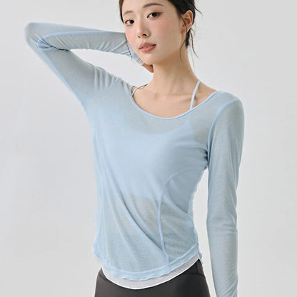 Women's Yoga Cover Up with Tie Back Design Long Sleeve Slim Fit Lightweight Shirt Sexy Back Revealing Gym Wear