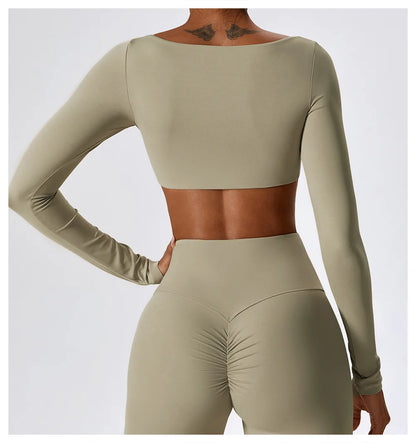 Yoga Shirts Fitness Long Sleeve Women Sport Crop Top Women Square Neck Gym Top Yoga T-Shirt Clothing Casual Quick Dry Sportswear