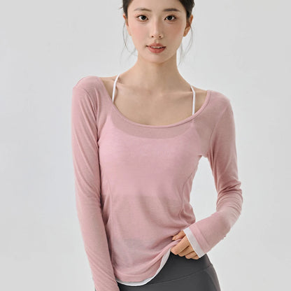 Women's Yoga Cover Up with Tie Back Design Long Sleeve Slim Fit Lightweight Shirt Sexy Back Revealing Gym Wear