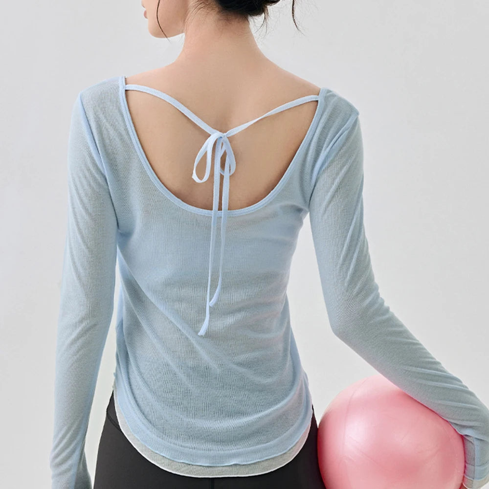 Women's Yoga Cover Up with Tie Back Design Long Sleeve Slim Fit Lightweight Shirt Sexy Back Revealing Gym Wear