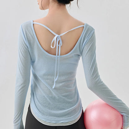 Women's Yoga Cover Up with Tie Back Design Long Sleeve Slim Fit Lightweight Shirt Sexy Back Revealing Gym Wear