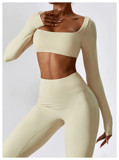 Yoga Shirts Fitness Long Sleeve Women Sport Crop Top Women Square Neck Gym Top Yoga T-Shirt Clothing Casual Quick Dry Sportswear