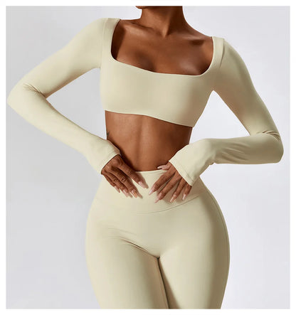 Yoga Shirts Fitness Long Sleeve Women Sport Crop Top Women Square Neck Gym Top Yoga T-Shirt Clothing Casual Quick Dry Sportswear