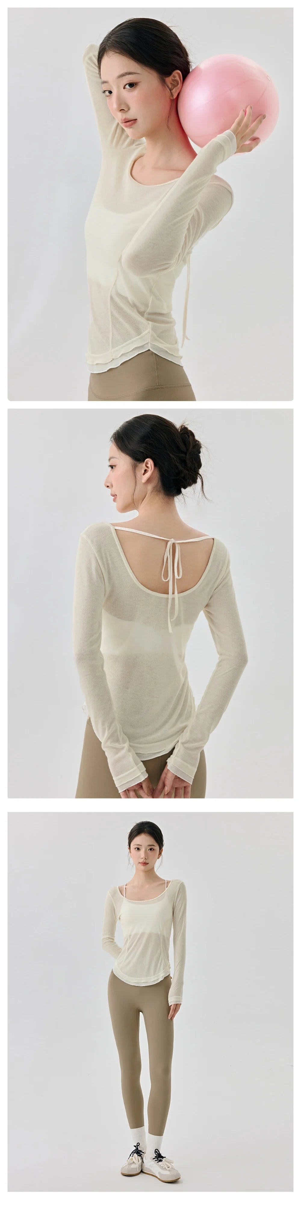 Women's Yoga Cover Up with Tie Back Design Long Sleeve Slim Fit Lightweight Shirt Sexy Back Revealing Gym Wear